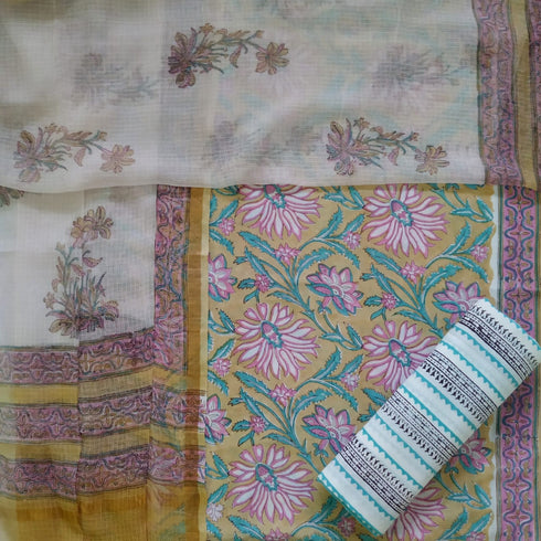 Floral Jaal Hand Block Print Cotton Suit Set with Kota Doria Dupatta (3CKD41)
